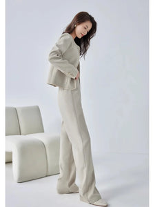 Elegant Office Pant Suit Crop Jacket Elastic Waist Wide Pant Two-piece Suit