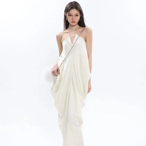 Satin Suspender Dress High-End Design, V-Neck Drape, Thin Shoulder Straps