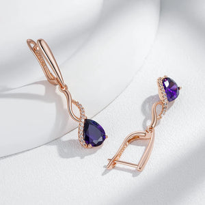 Shiny Purple Natural Zircon Long Dangle Earrings Rose Gold Color Vintage Jewelry