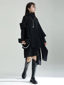 Irregular Design Knitting Dress New Turtleneck Long Sleeve Loose Fit