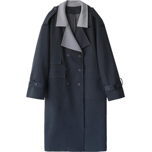 Women Trench Coat Solid Loose Contrast Double Collar Double Breasted Long Women's Coat