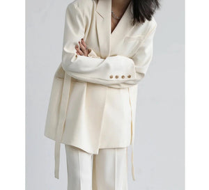 Women Blazer Design Wide Shoulder Ribbon Solid Women's Medium Long Coat