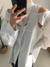 Load image into Gallery viewer, White Hollow Out Blouse New Lapel Long Sleeve Loose Fit Shirt