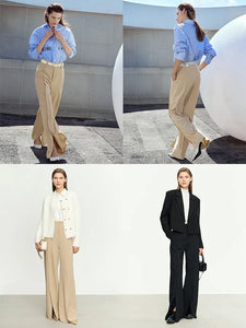 Minimalist Casual Pants Loose Straight Wide Leg Pants With High Slit Lady Trousers