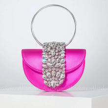 Charger l&#39;image dans la galerie, Snakeskin Pattern Half Round Handbags Metal Handle Rhinestone Satin Evening Clutch