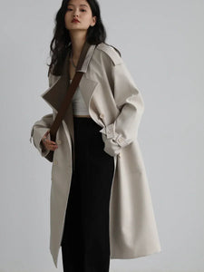 Women Trench Coat Solid Loose Contrast Double Collar Double Breasted Long Women's Coat