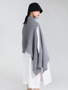 Gray Irregular Big Size Knitting Sweater Poncho Loose Turtleneck Long Sleeve