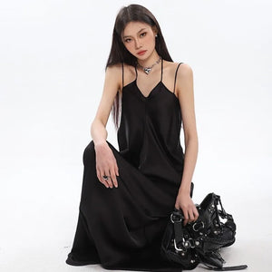 Satin Suspender Dress High-End Design, V-Neck Drape, Thin Shoulder Straps