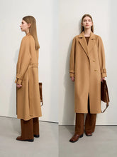 Cargar imagen en el visor de la galería, French Woolen Coat Long Double Breasted Belt Loose Raglan Sleeves Solid Blends