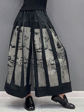 Load image into Gallery viewer, High Elastic Waist Black Printed Pleated Long Wide Leg Pants