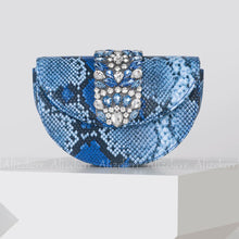 Charger l&#39;image dans la galerie, Snakeskin Pattern Half Round Handbags Metal Handle Rhinestone Satin Evening Clutch