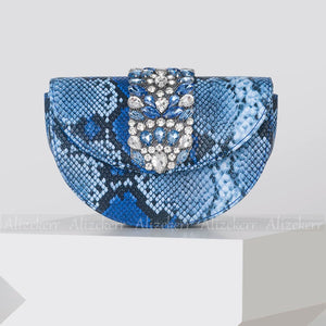 Snakeskin Pattern Half Round Handbags Metal Handle Rhinestone Satin Evening Clutch