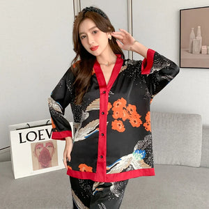 Printed Pajama Set Ice Silk Long Sleeve Suit Pyjamas Casual V-Neck