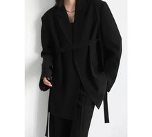 Charger l&#39;image dans la galerie, Women Blazer Design Wide Shoulder Ribbon Solid Women&#39;s Medium Long Coat