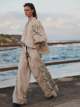 Load image into Gallery viewer, Female Sets Cotton Linen Stand Collar Sleeve Loose Flower Tops Wide Leg Oversize Pants