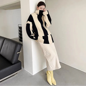 High Neck Striped Sweater Black and White Soft and Glutinous Knit Coat, Top