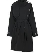 Charger l&#39;image dans la galerie, Black Button Big Size Long Trench New Stand Collar Long Sleeve Windbreaker