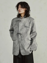 Laden Sie das Bild in den Galerie-Viewer, Gray Jacquard Big Size Blazer New Stand Collar Long Sleeve Loose Fit Jacket