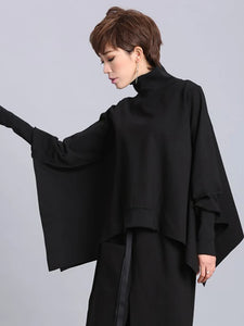 Black Irregular Casual T-shirt New Turtleneck Batwing Sleeve Loose Fit