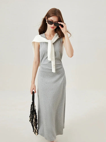 T-Shirt Dress Sleeveless Long Spilt Grey Dresses Pleated Short Sleeve A-LINE Dress