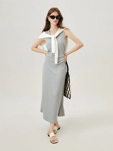 T-Shirt Dress Sleeveless Long Spilt Grey Dresses Pleated Short Sleeve A-LINE Dress