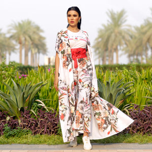 Italian Silk and Cotton White floral design Long  Dress with Trouser by Designer Shereen