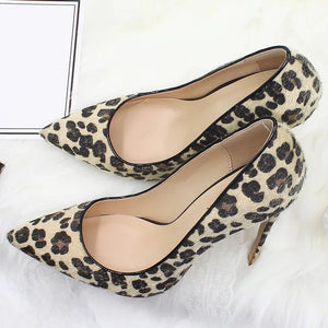 Woman Fashion Designer Leopard Pointed Toe Pumps Women Genuine Leather Thin High Heels Sexy Slip On Female Shoes Big Size