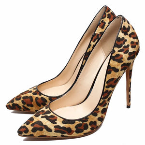 Woman Fashion Designer Leopard Pointed Toe Pumps Women Genuine Leather Thin High Heels Sexy Slip On Female Shoes Big Size