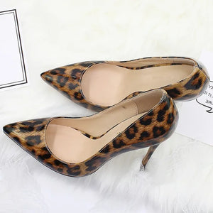 Woman Fashion Designer Leopard Pointed Toe Pumps Women Genuine Leather Thin High Heels Sexy Slip On Female Shoes Big Size