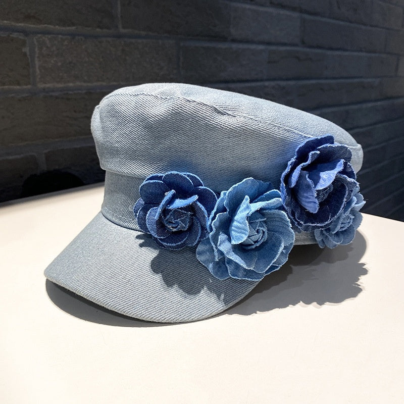 Denim Flat-top Cap Women's Three-dimensional Contrast Color Flowers