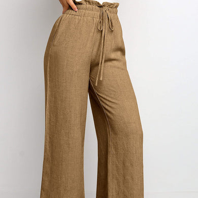 Elastic light Waistband Lace-up Wide Leg Pants Solid Color Cropped for women