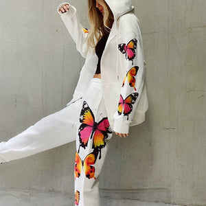 Women Long-Sleeved Hooded Zipper Casual Sweater Suit with butterfly design