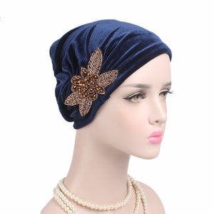 Beaded Flower Accessories Turban Hat Velvet Pleated Hood