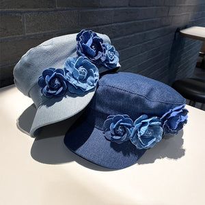 Denim Flat-top Cap Women's Three-dimensional Contrast Color Flowers