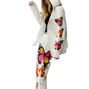 Women Long-Sleeved Hooded Zipper Casual Sweater Suit with butterfly design