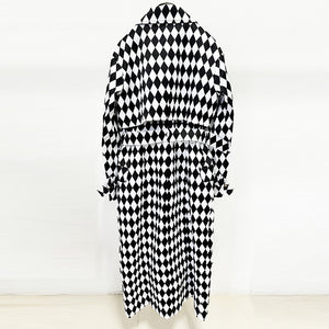 Black And White Diamond Grid Belt Long Trench Coat