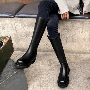 Chimney Boots Thick-soled High Boots White Full Leather Thick Heel Stretch Stovepipe