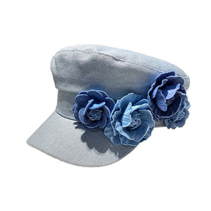 Denim Flat-top Cap Women's Three-dimensional Contrast Color Flowers