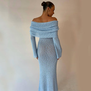 One-shoulder Knitted Long-sleeved Dress Sexy Beach Holiday Long Dresses