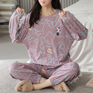 Loose Print Pajamas Women Autumn Winter Pyjama Set Long Sleeves