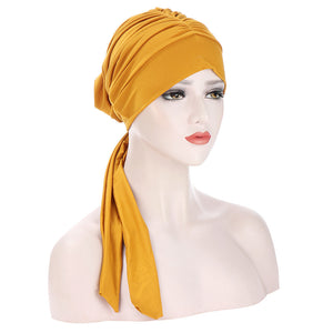 Pure Color Crystal Hemp Long Tail Bow Turban Hat