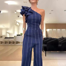Charger l'image dans la galerie, Waist-tight Diagonal Collar Shoulder-baring Stringy Selvedge Striped Jumpsuit apparel