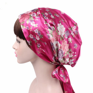 Ladies Satin Printed Bow Turban Long