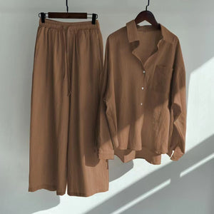 Cross-border Tracksuit Women's Ancient Cotton And Linen Shirt Outfit High Waist Loose Trousers