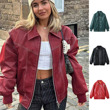 Charger l'image dans la galerie, Loose Fashion Lapel Zip-up Jacket Cool Long Sleeve Zipper Closure Moto Biker Leather Jacket