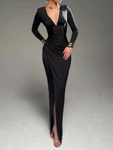 Charger l'image dans la galerie, Solid Color Long Sleeve Deep V Pleated Dress for occasions