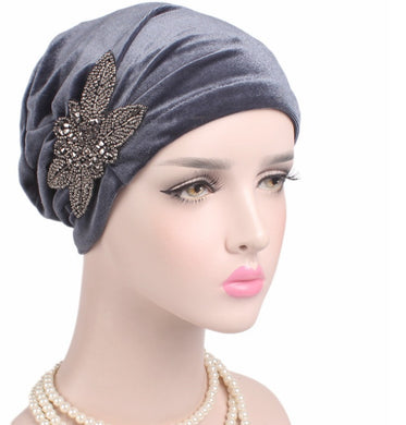 Beaded Flower Accessories Turban Hat Velvet Pleated Hood