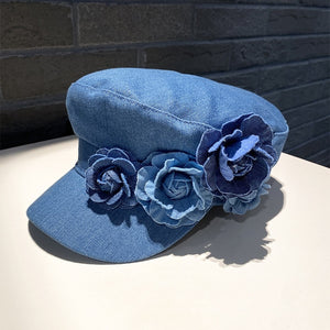 Denim Flat-top Cap Women's Three-dimensional Contrast Color Flowers