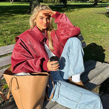 Charger l'image dans la galerie, Loose Fashion Lapel Zip-up Jacket Cool Long Sleeve Zipper Closure Moto Biker Leather Jacket