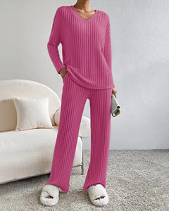 Fashion Solid Striped Suit V-neck Long-sleeved Top And Casual Straight Pants Loose Temperament